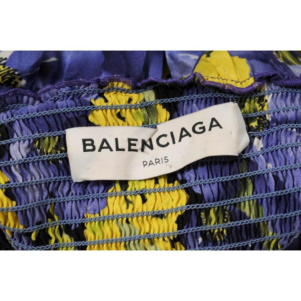 Balenciaga Women Mini Dress US 8 FR 38 Purple Yellow Floral Print Pleated Ruffle - Picture 9 of 11